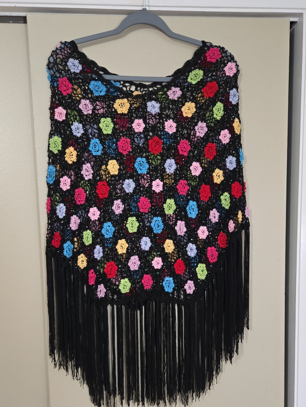 Black Crochet Fringe Poncho with Multicolor Floral Accents & Rhinestones O/S Fit